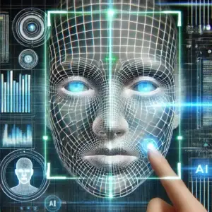 DALL·E 2024-12-18 22.36.38 - A detailed illustration of a futuristic face recognition system, showcasing a human face being scanned with a grid-like pattern and multiple glowing h